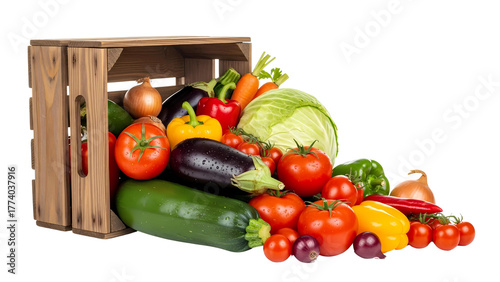 A wooden crate overflowing with a vibrant assortment of fresh organic vegetables on a transparent background