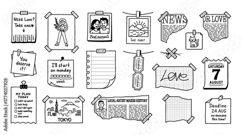 Cute notes in doodle style. Cartoon set - paper sheets, newspaper clippings, photos, postcards, notes, notebook, sheets, stickers, comic-style elements. Vector graphic box stickers in doodle style
