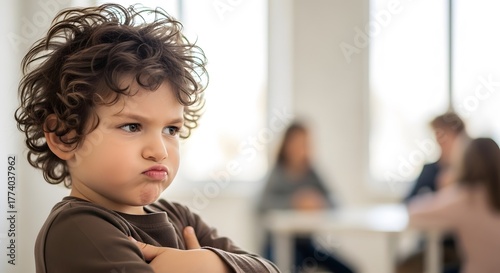 Upset little boy with curly hair and a defiant expression stands with his arms crossed while his family is in the background.