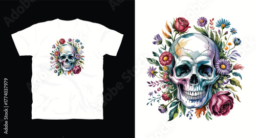 Floral Skull T-Shirt Graphic Vector Design with Flowers Botanical Anatomy Illustration Style Apparel Clothing Fashion Trendy