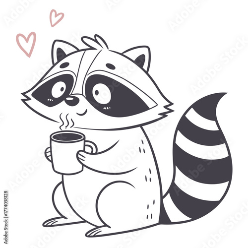 A cute cartoon raccoon holding a mug and smiling