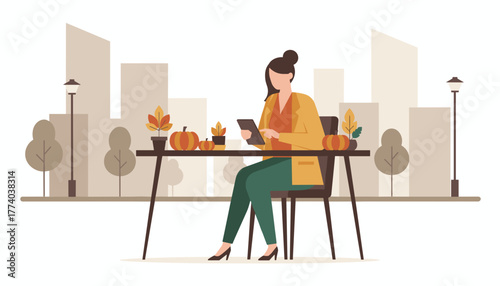 Autumn remote work Woman using tablet at an outdoor cafe table with pumpkins and city view