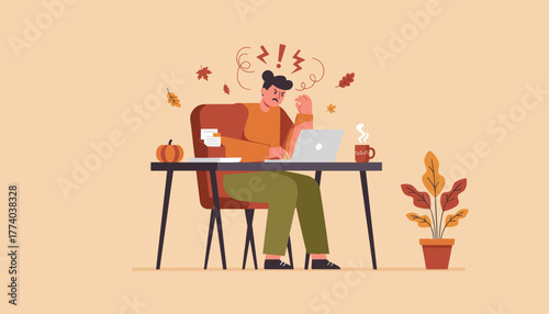 Angry worker suffering stress and burnout while working on laptop during the autumn season