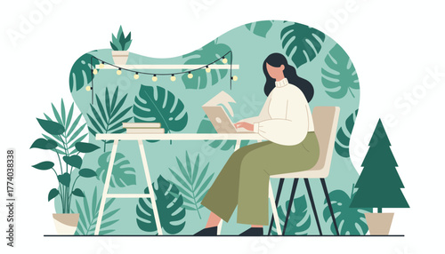 Remote work Woman using laptop at a desk surrounded by lush indoor plants WFH lifestyle concept