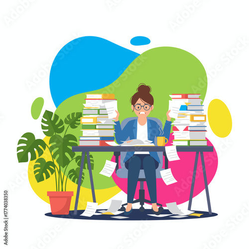 Overwhelmed businesswoman panics with excessive paperwork and office stress