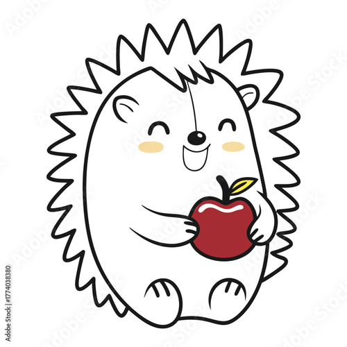 Happy hedgehog holding an apple with a smile  