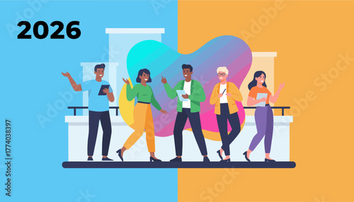 Business team standing together discussing future goals for 2026 Partnership and progress