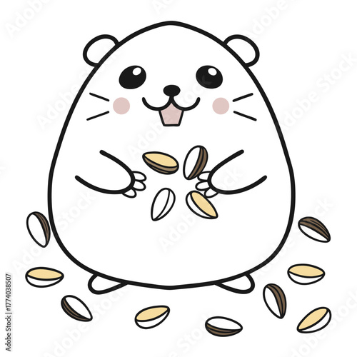 Cute cartoon hamster holding seeds with a happy expression  