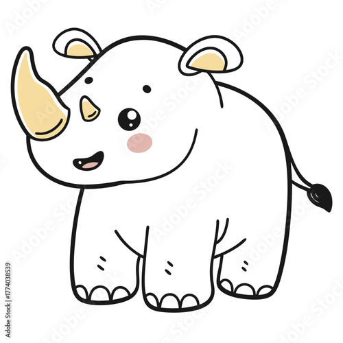 Cute cartoon rhinoceros smiling with rounded features and simple design  
