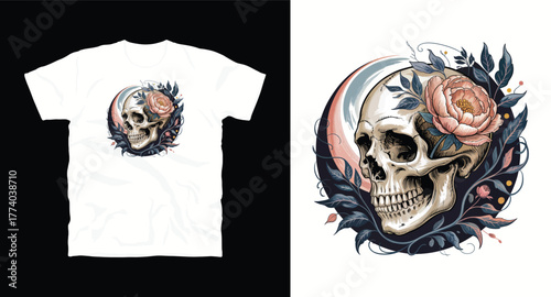 Skull with Peony Flowers Decorative Graphic Vector Illustration Botanical Design Element Anatomy and Floral Arrangement Art for Prints Apparel and Tattoos