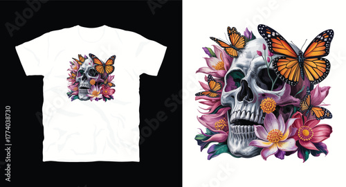 Skull with Flowers Illustration Vector for Apparel and Prints Anatomy and Botany Design in Graphic Style Symbolic and Decorative Art Skull Surrounded by Floral Elements