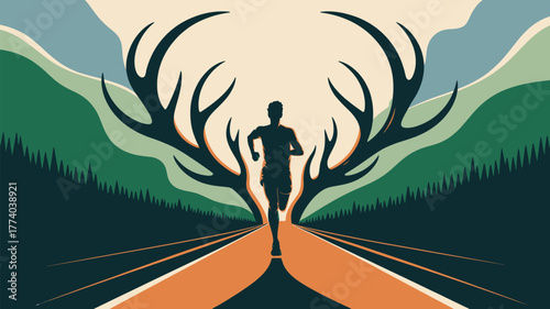 Dynamic runner silhouetted against majestic antlers and scenic mountain landscape embodying freedom and achievement