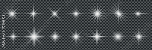 Collection of sparkling starbursts and light effects on a transparent background, ideal for adding a touch of magic to any design project
