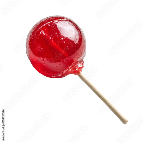 Shiny red sphere lollipop candy on a stick, sweet childhood treat. Isolated on transparent background, png