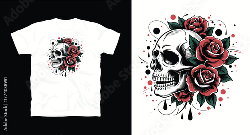 Skull with Roses T-Shirt Design Engraving Style Illustration Print for Clothing Skull and Roses Tattoo Gothic Skeleton Death Head Symbol Floral