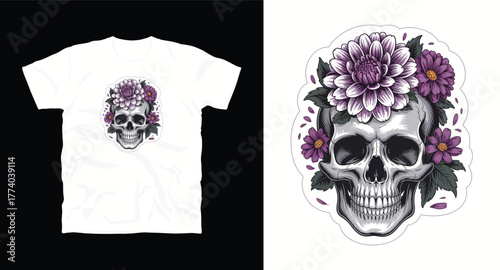 Skull Adorned with Flowers Artistic Design for T-Shirts, Stickers and Prints Gothic Style Death Head with Floral Crown Occult Symbol Skeleton Decorated with Blossoms Tattoo Illustration