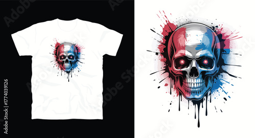Red and Blue Splatter Skull Design for Apparel and Merchandise Modern Skull Art with Dripping Paint Stylish Skull Graphic Symbol of Mortality and Rebellion Punk Rock Aesthetic