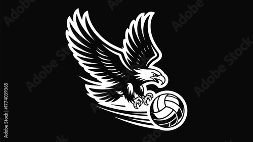 Dynamic eagle soaring with volleyball, symbolizing athletic power, speed, and team spirit for sports branding and designs.