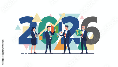 Business team analyzing growth chart for 2026 global success