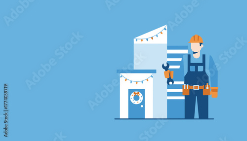 Holiday construction and repair worker illustration Seasonal maintenance service and business concept