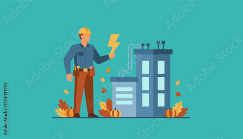 Power engineer holding lightning near factory Industrial maintenance and electricity supply concept