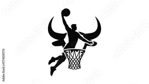 Dynamic basketball player soaring for a powerful dunk, merging with a bold bull silhouette for an iconic sports logo concept