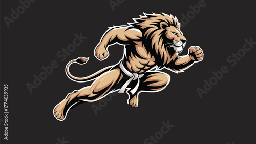 Dynamic lion warrior in martial arts stance exudes power and determination for sports branding and team mascots