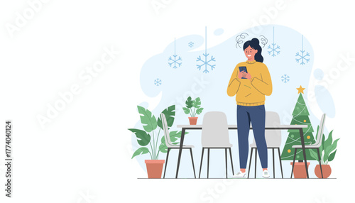Young woman smiling while texting on phone near Christmas tree and snowflakes in a cozy winter setting