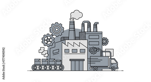 Manufacturing plant illustration with logistics gears production line and shipping truck