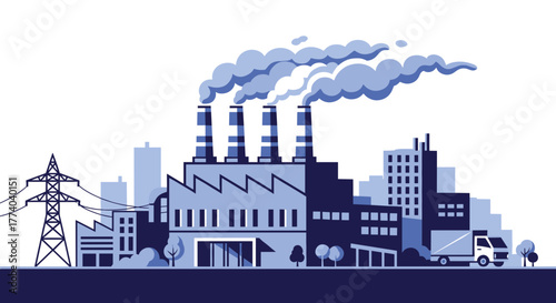 Industrial cityscape vector illustration with factory smokestacks polluting the air