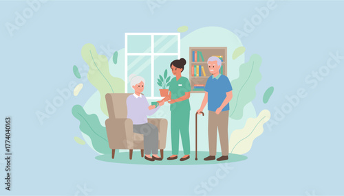 Nurse provides home care assistance to a smiling elderly couple in a supportive environment