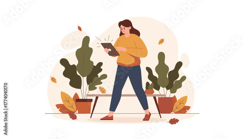 Frustrated woman holds tablet among plants error digital device issues bad service