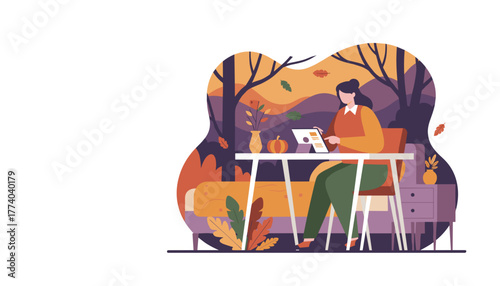 Remote work concept woman using tablet computer in a cozy fall room setup