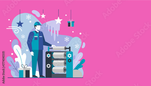 A factory worker operates industrial wrapping machinery during the winter holiday production season