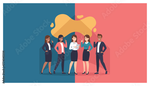 Diverse business team pointing to a blank speech bubble showing collaboration and new ideas