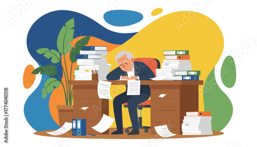 Exhausted senior businessman sleeping at his cluttered desk overwhelmed by excessive paperwork