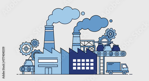 Industrial factory production line illustration with gears chimneys and delivery truck
