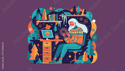 Senior working remotely during winter holidays using phone in colorful home office