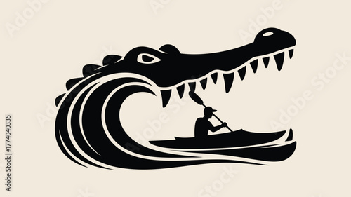 Brave kayaker paddles through the jaws of a crocodile in this striking black and white graphic, perfect for adventure sports or unique branding