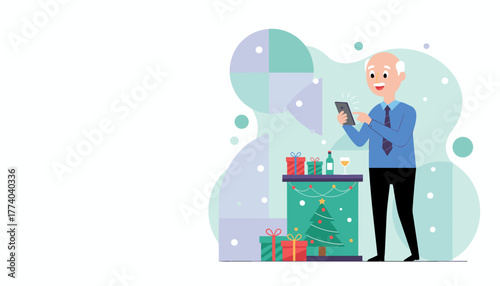 Smiling senior man texts on his phone at a festive holiday party bar