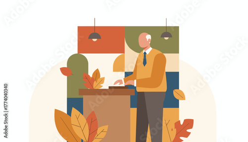 Senior man giving a professional presentation at a podium surrounded by fall leaves