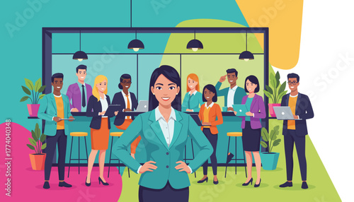 Confident female leader and diverse business team networking in a modern coworking space