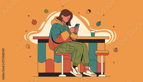 Young woman texting on her phone at a cafe bar autumn leisure illustration