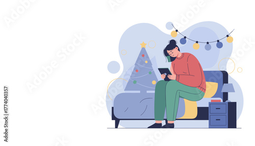 Holiday depression Woman sits alone on the bed with tablet near the Christmas tree