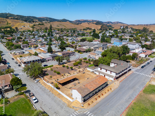 San Juan Bautista State Historic Park aerial view in historic town center of San Juan Bautista, San Benito County, California CA, USA. 
