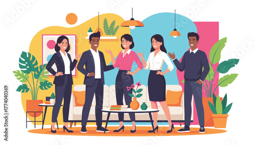 Diverse team of smiling professionals in a modern office lounge Collaboration and business success