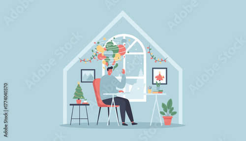 Happy man working from home during Christmas generating creative ideas in a winter setting