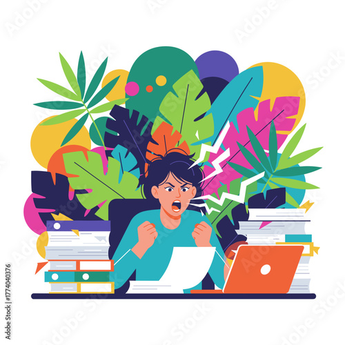 Overworked woman shouts overwhelmed by office stress and paperwork workplace burnout concept