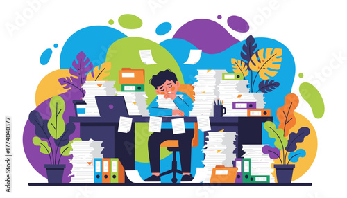 Stressed employee buried in paperwork and documents at the office desk representing overload and burnout