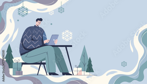 Sad man works remotely on a laptop in a stylized winter landscape with gifts and snowflakes